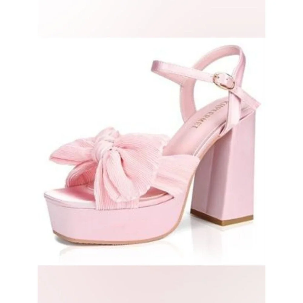 Baby Pink Platform Bow Stappy Block Heel Open Square Toe Size 8.5